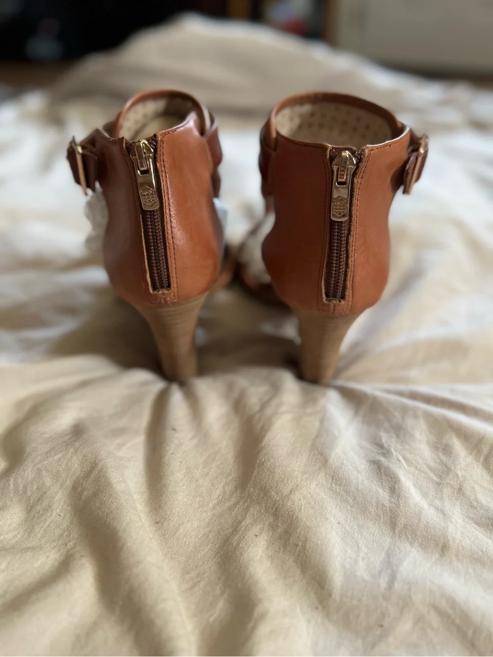 Vince Camuto Woven Cognac Brown Open-Toe Ankle Heels